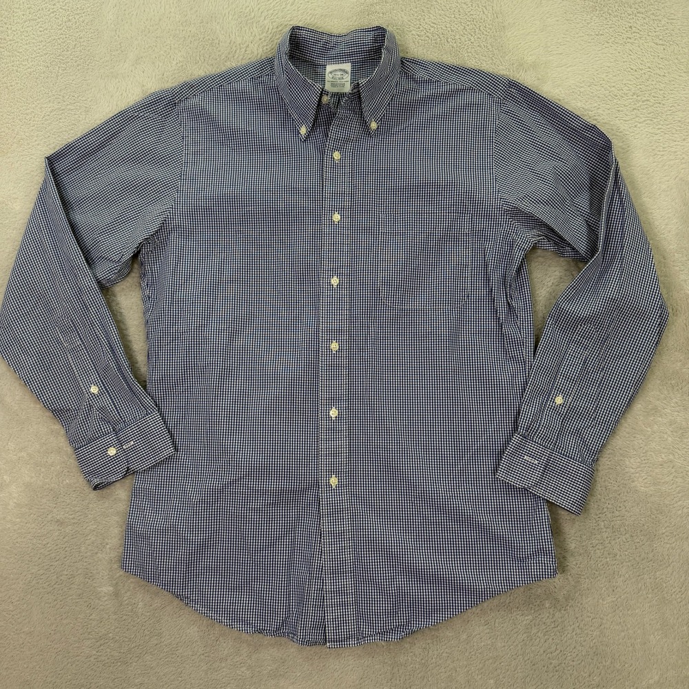 Brooks Brothers Mens 15.5 34 Button Down Shirt Blue Gingham Supima Cotton Casual